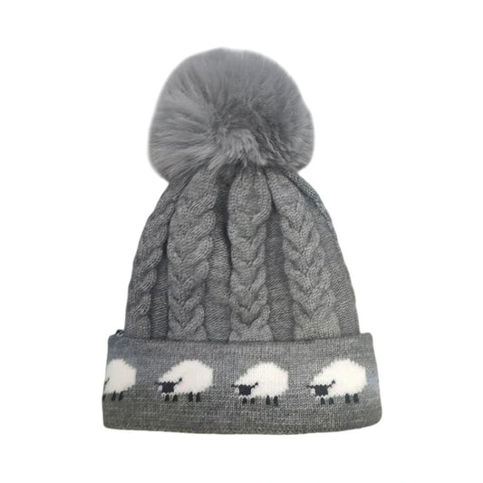 Fashion Bobble Hat | Cable Knit Sheep Pattern Design with Pom Pom – Grey