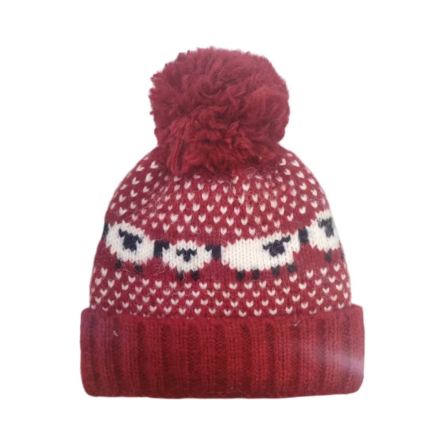 Fashion Bobble Hat | Sheep Pattern Knit Design with Pom Pom – Red "