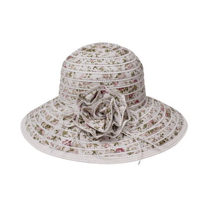 Wide Brim Straw Hat | Floral Print with 3D Flower Detail – Cream