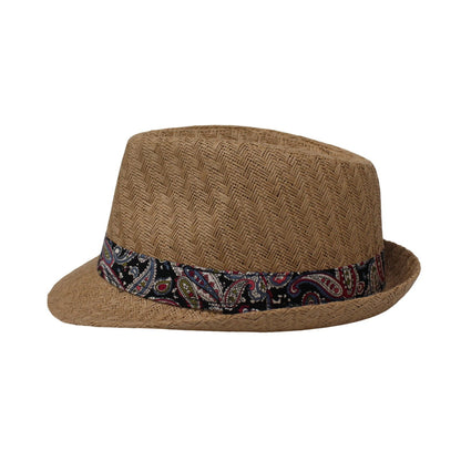 Straw Trilby Hat | Woven Design with Paisley Band Detail – Natural