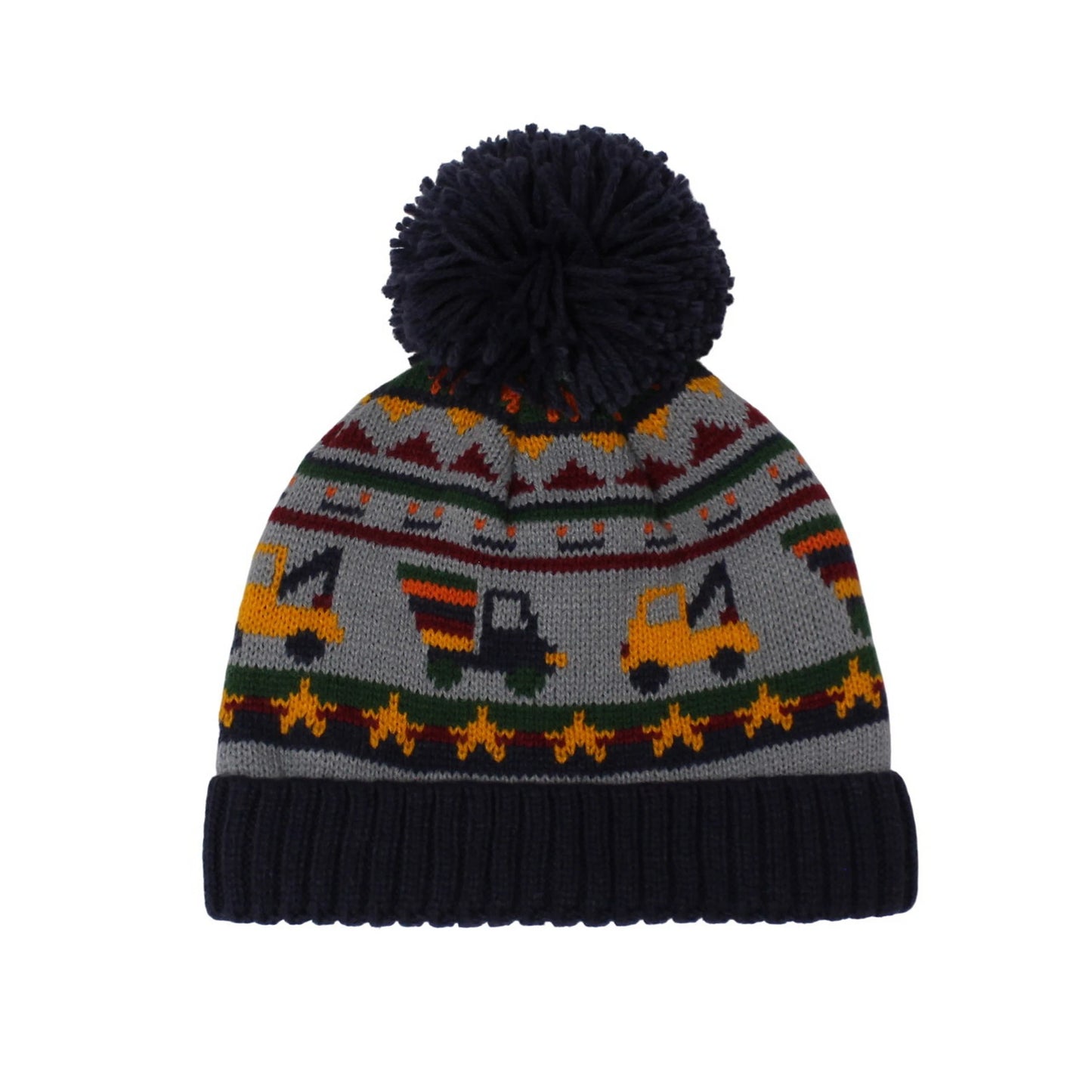 Fashion Bobble Hat | Kids Vehicle Pattern Knit Design with Pom Pom – Grey