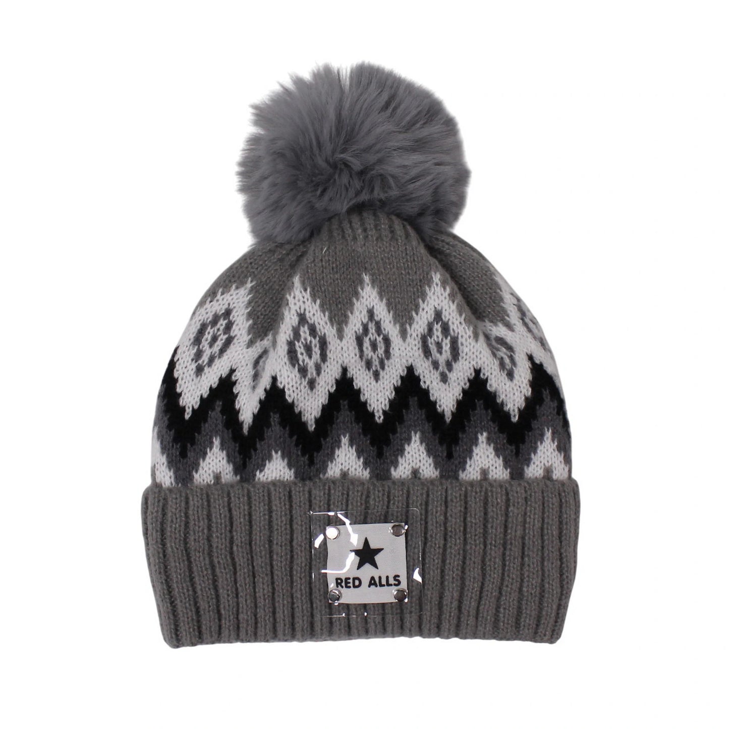Fashion Bobble Hat | Geometric Knit Pattern Design with Pom Pom – Grey