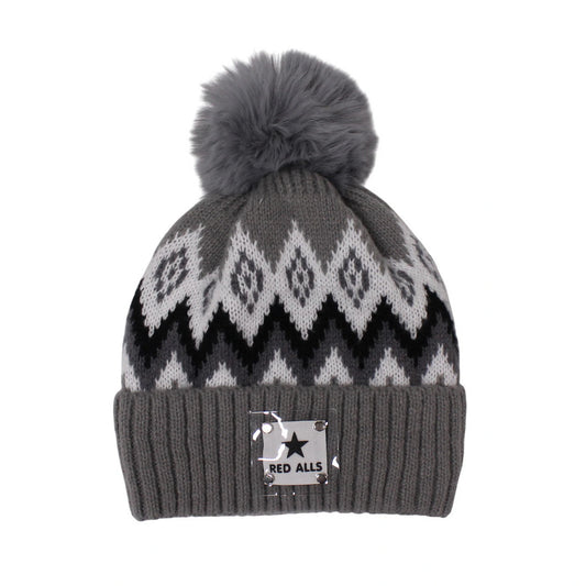 Fashion Bobble Hat | Geometric Knit Pattern Design with Pom Pom – Grey
