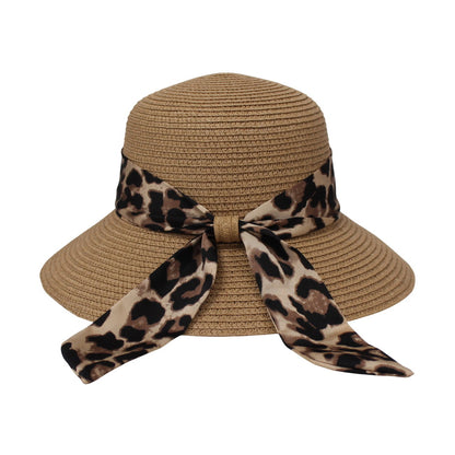 Short Brim Straw Hat | Leopard Print Ribbon Bow Detail – Natural