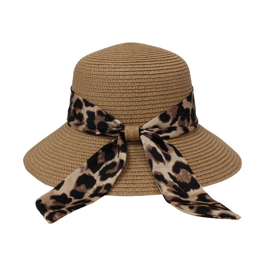 Short Brim Straw Hat | Leopard Print Ribbon Bow Detail – Natural