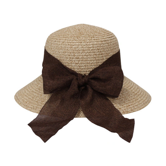 Short Brim Straw Hat | Oversized Bow Detail – Brown