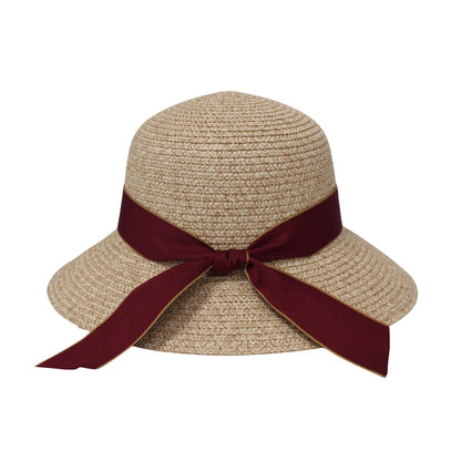 Short Brim Straw Hat | Satin Ribbon Detail – Burgundy