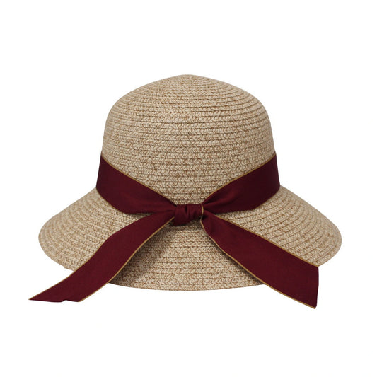 Short Brim Straw Hat | Satin Ribbon Detail – Burgundy