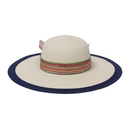 Wide Brim Straw Hat | Colourful Ribbon Bow Detail – Beige & Navy