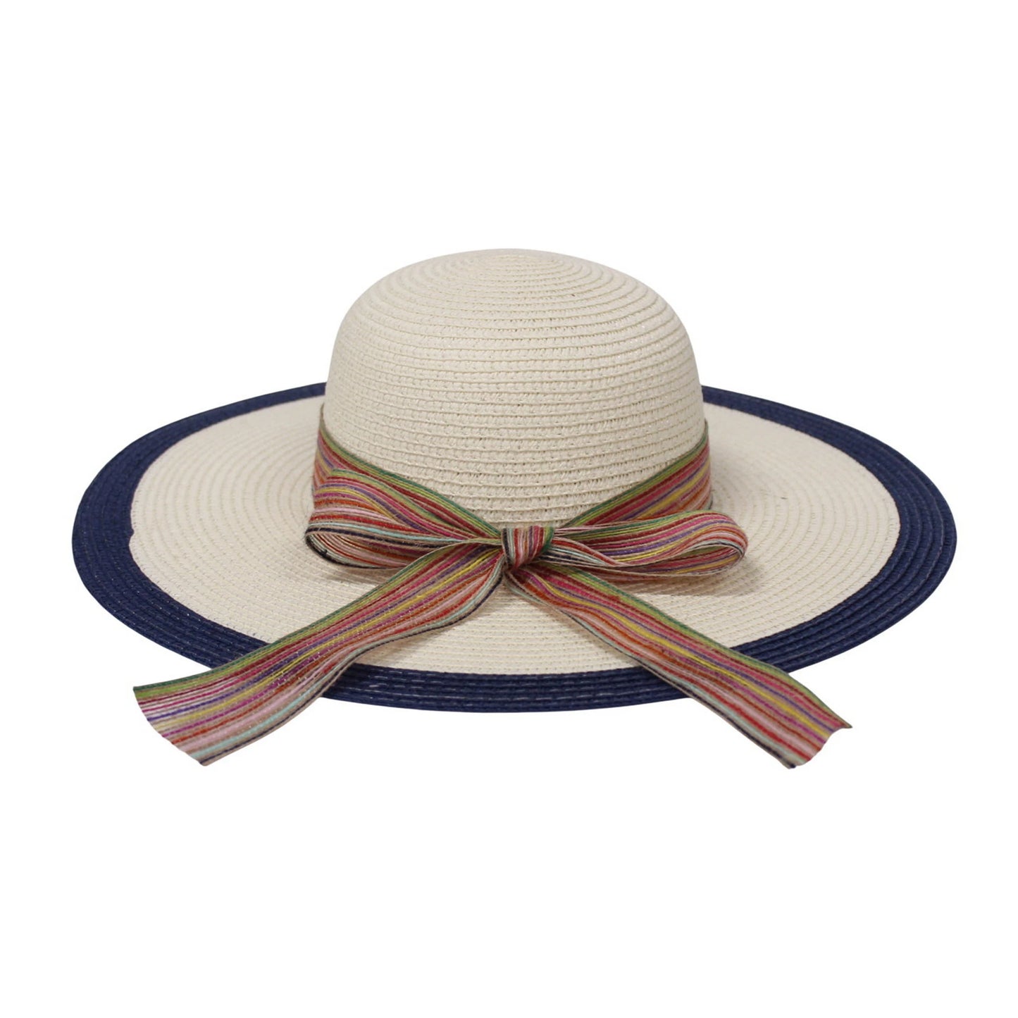 Wide Brim Straw Hat | Colourful Ribbon Bow Detail – Beige & Navy