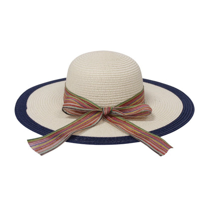 Wide Brim Straw Hat | Colourful Ribbon Bow Detail – Beige & Navy