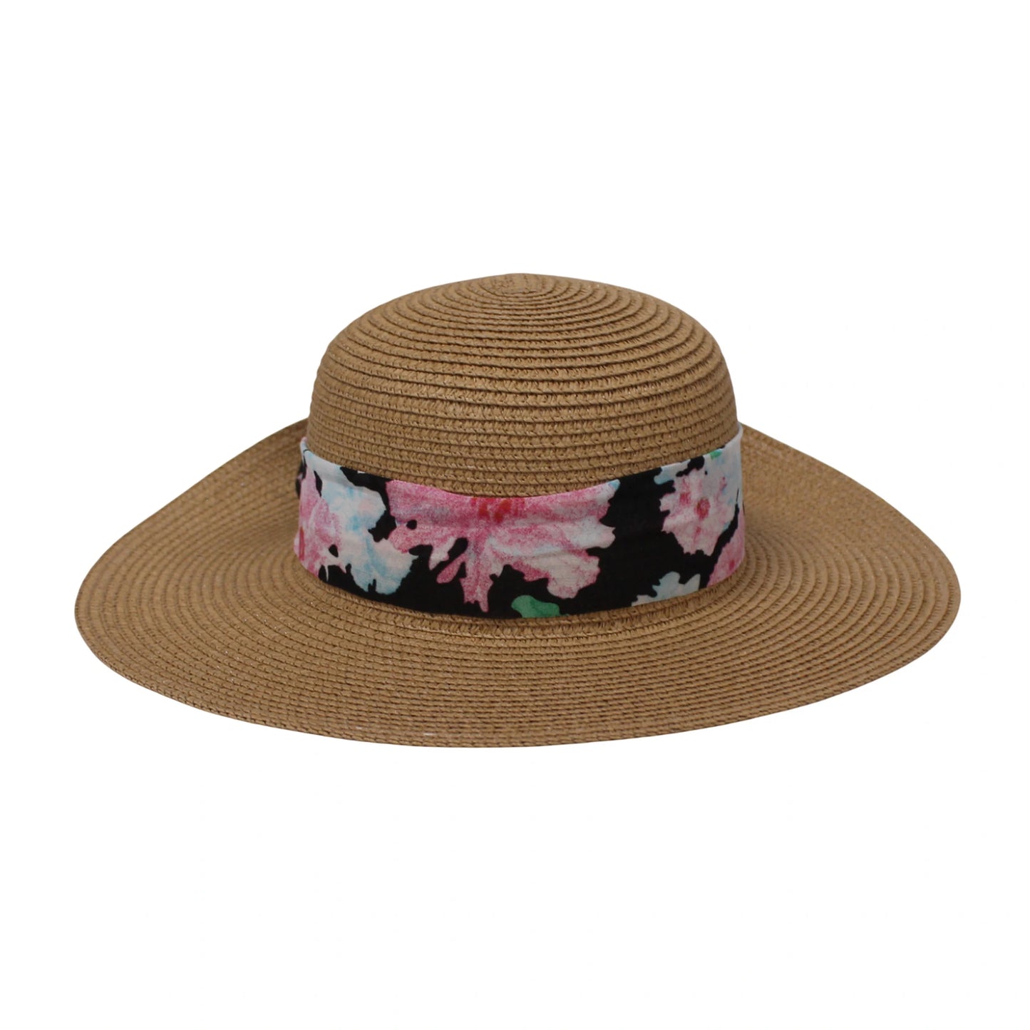 Wide Brim Straw Hat | Floral Scarf Bow Detail – Brown