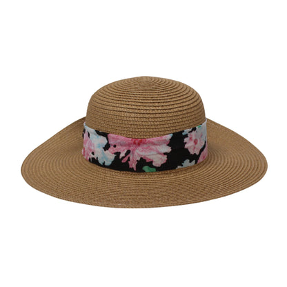 Wide Brim Straw Hat | Floral Scarf Bow Detail – Brown