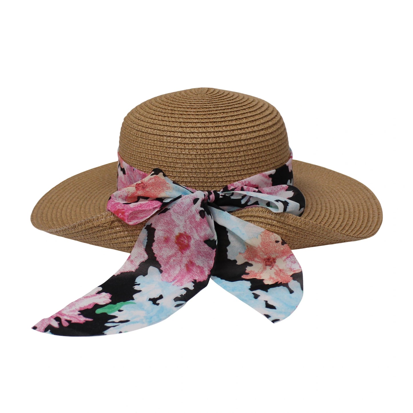 Wide Brim Straw Hat | Floral Scarf Bow Detail – Brown
