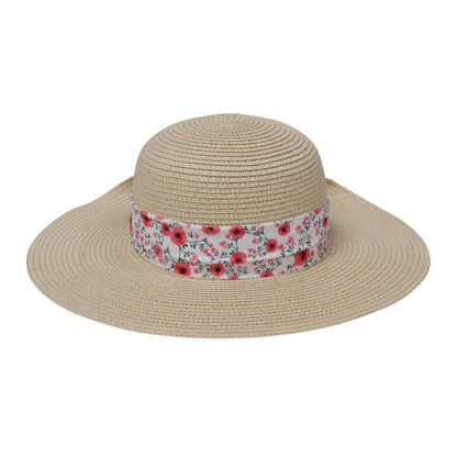 Wide Brim Straw Hat | Small Floral Bow Detail – Natural