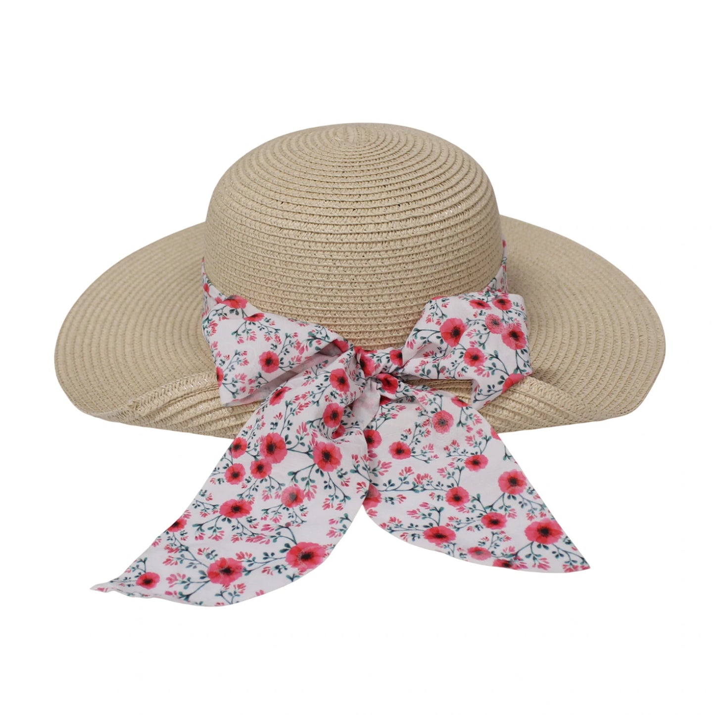 Wide Brim Straw Hat | Small Floral Bow Detail – Natural