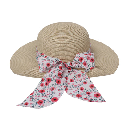 Wide Brim Straw Hat | Small Floral Bow Detail – Natural
