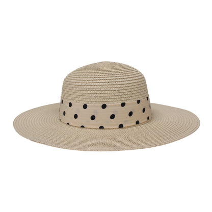 Wide Brim Straw Hat | Polka Dot Ribbon Bow Detail – Beige