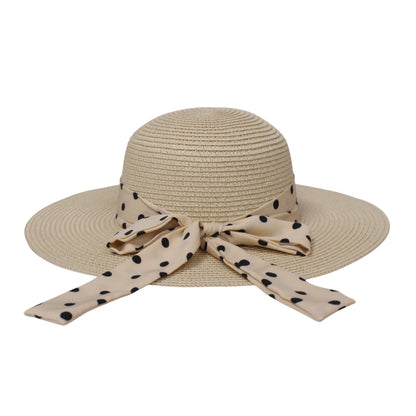 Wide Brim Straw Hat | Polka Dot Ribbon Bow Detail – Beige
