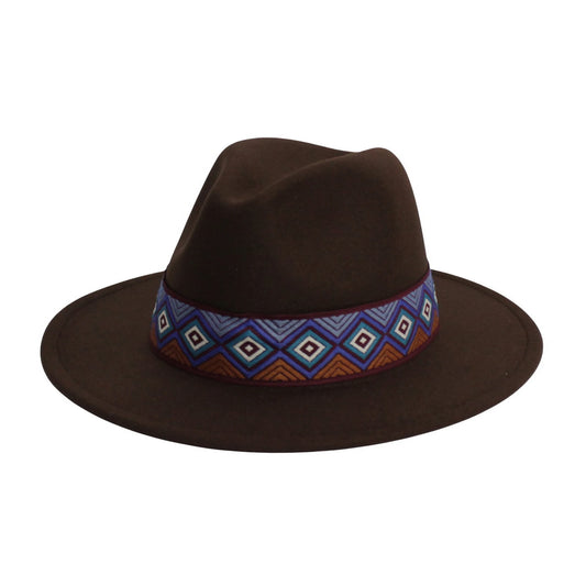 Fashion Hat | Wide Brim Boho Style with Pattern Band – Brown