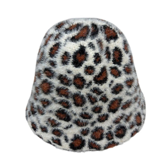 Fashion Hat | Fuzzy Leopard Print Bucket Hat – White & Brown