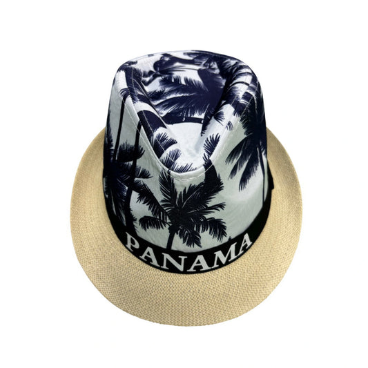 Straw Trilby Hat | Palm Tree Print Panama Band – Beige & Navy