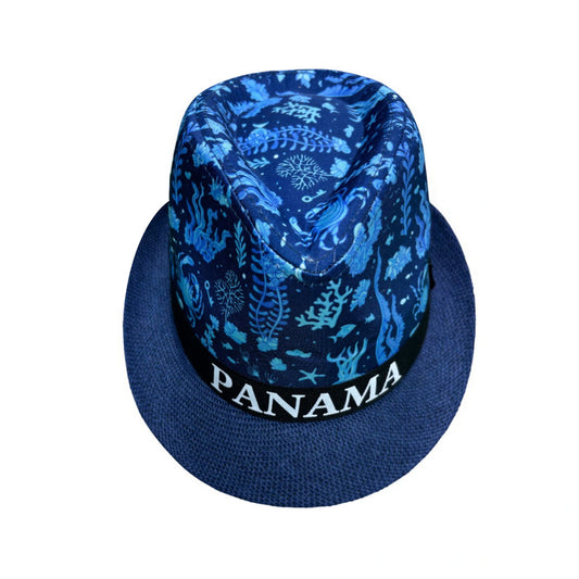 Straw Trilby Hat | Ocean Print Panama Band – Navy Blue