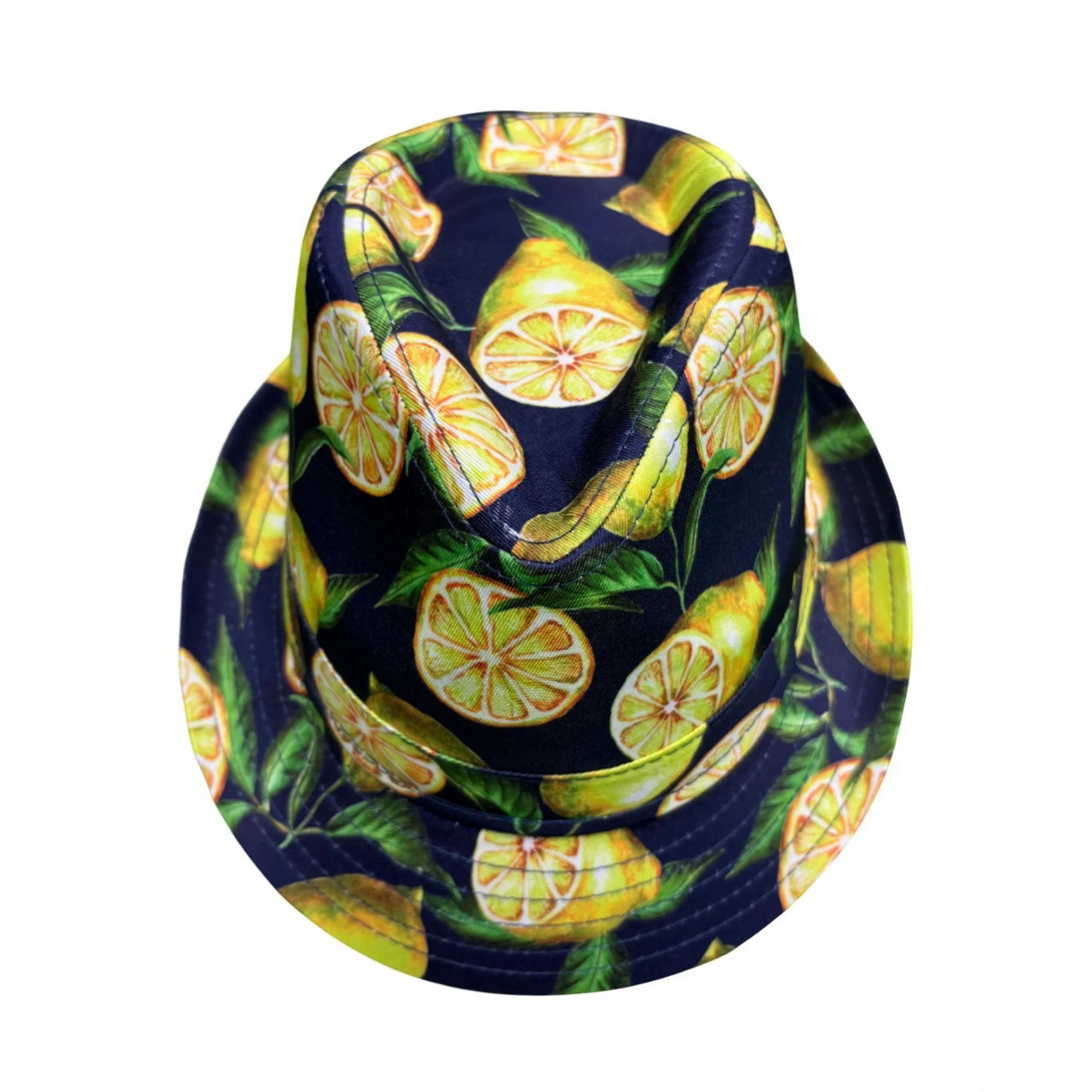 Cotton Trilby Hat | Lemon Print – Navy Blue