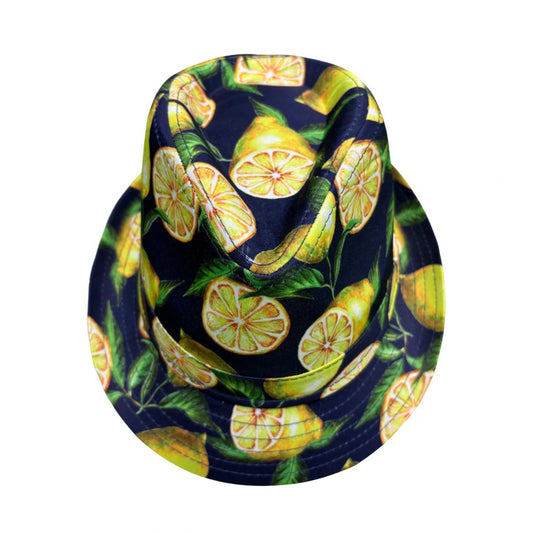 Cotton Trilby Hat | Lemon Print – Navy Blue
