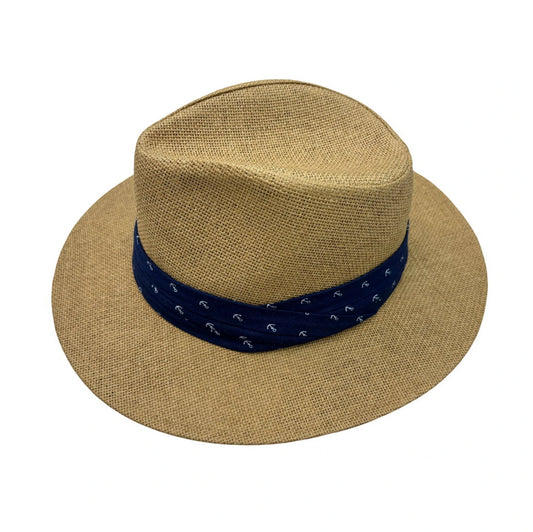Straw Fedora Hat | Tan Straw with Navy Anchor Band – Natural
