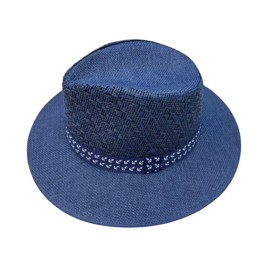 Straw Fedora Hat | Navy Blue Woven Straw with Anchor Band – Navy Blue