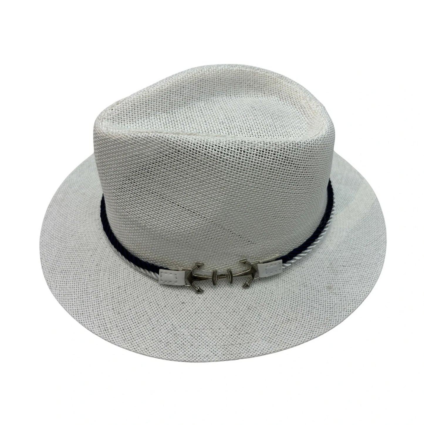 Straw Fedora Hat | Navy Band with Anchor Buckle – White