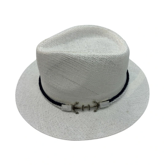 Straw Fedora Hat | Navy Band with Anchor Buckle – White