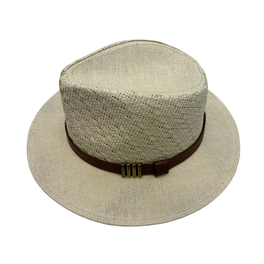 Straw Fedora Hat | Woven Texture with Leather Band & Brass Accents – Beige