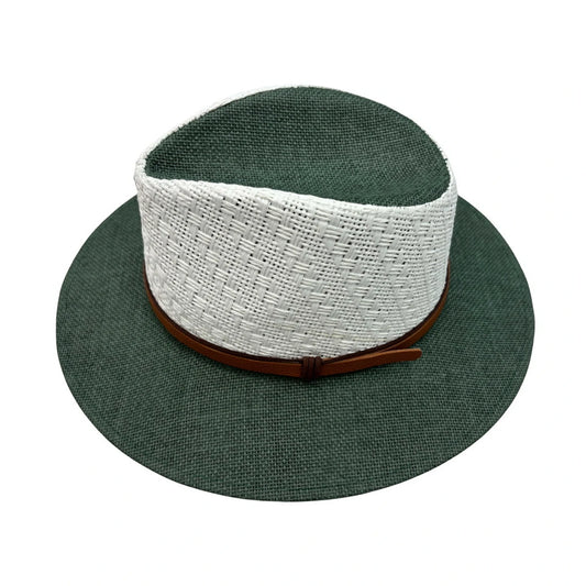 Straw Fedora Hat | Two-Tone Crown with Leather Band Detail – Green & White