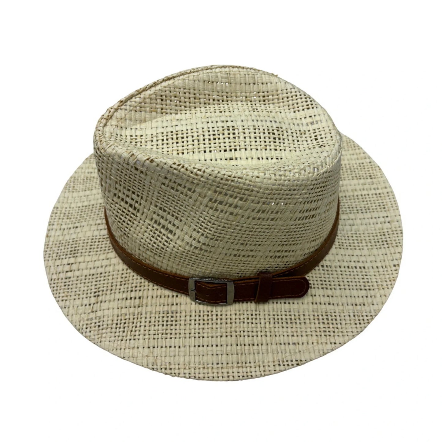 Straw Fedora Hat | Open-Grid Weave with Leather Band & Buckle – Natural