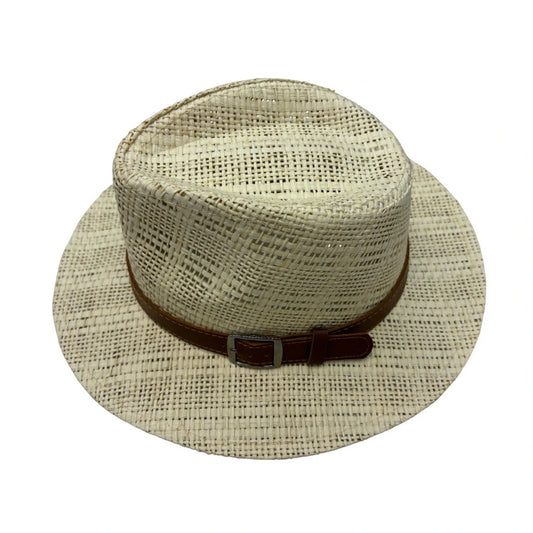 Straw Fedora Hat | Open-Grid Weave with Leather Band & Buckle – Natural