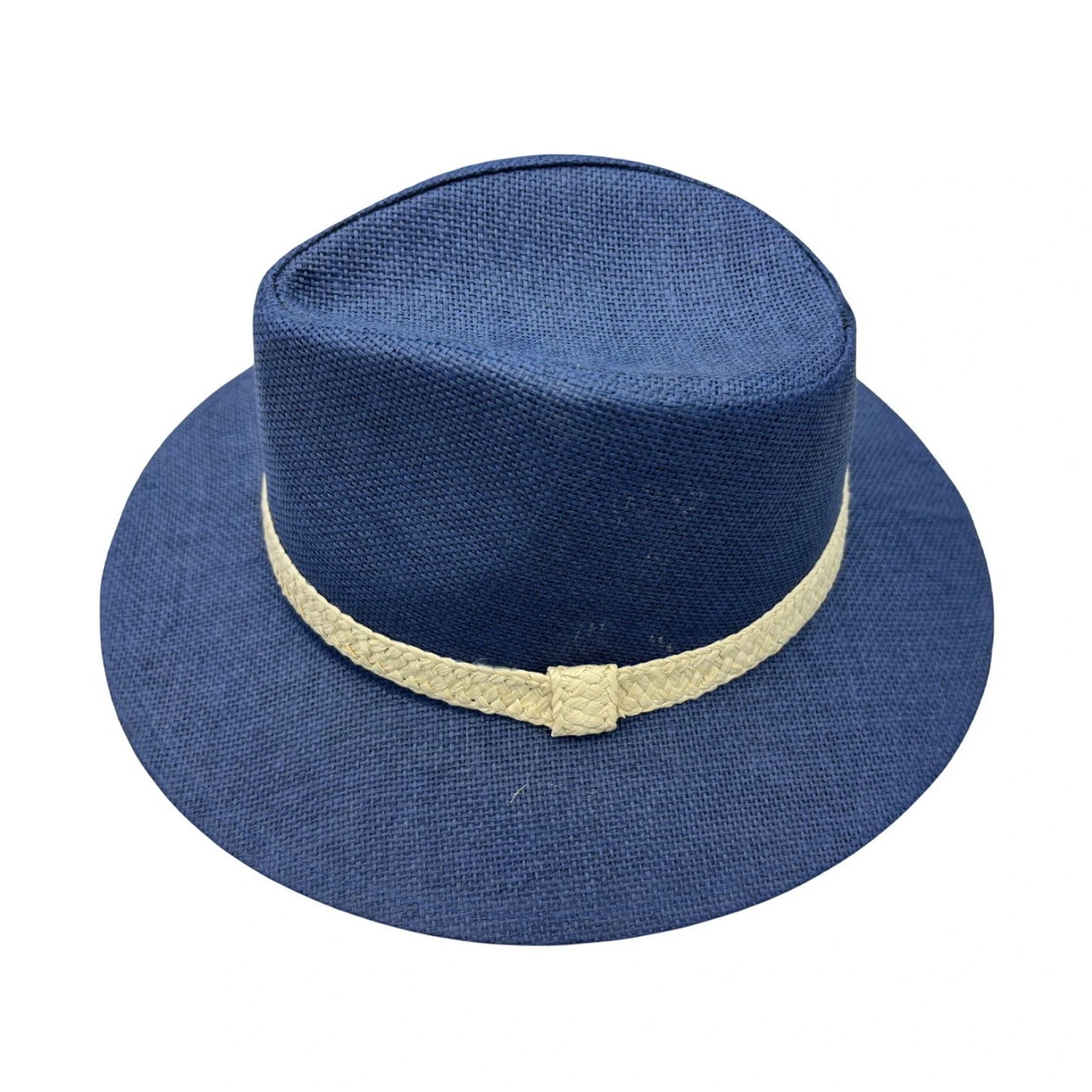 Straw Fedora Hat | Wide Brim with Natural Woven Band – Navy Blue