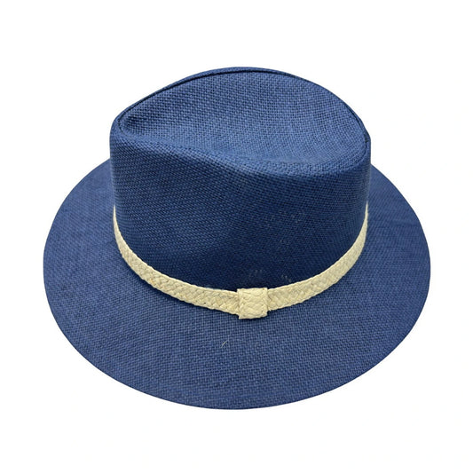 Straw Fedora Hat | Wide Brim with Natural Woven Band – Navy Blue