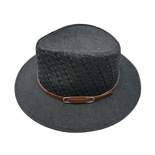 Straw Fedora Hat | Black Woven Design with Brown Leather Contrast Band – Black