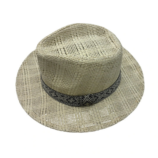 Straw Fedora Hat | Open-Weave Design with Tribal Pattern Band – Natural