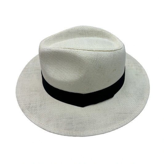 Straw Fedora Hat | Teardrop Crown with V-Detail Contrast Band – White