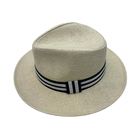 Straw Fedora Hat | Teardrop Crown with Navy & White Striped Band – Natural
