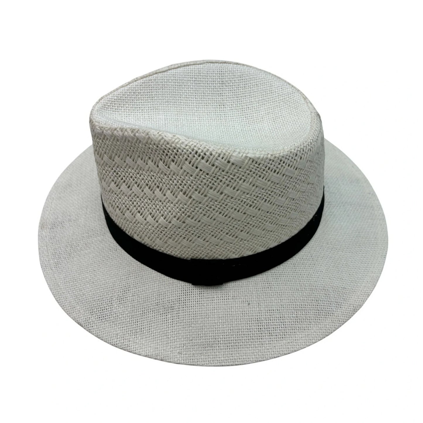Straw Fedora Hat | Structured Crown with Flat Brim and Black Band – White