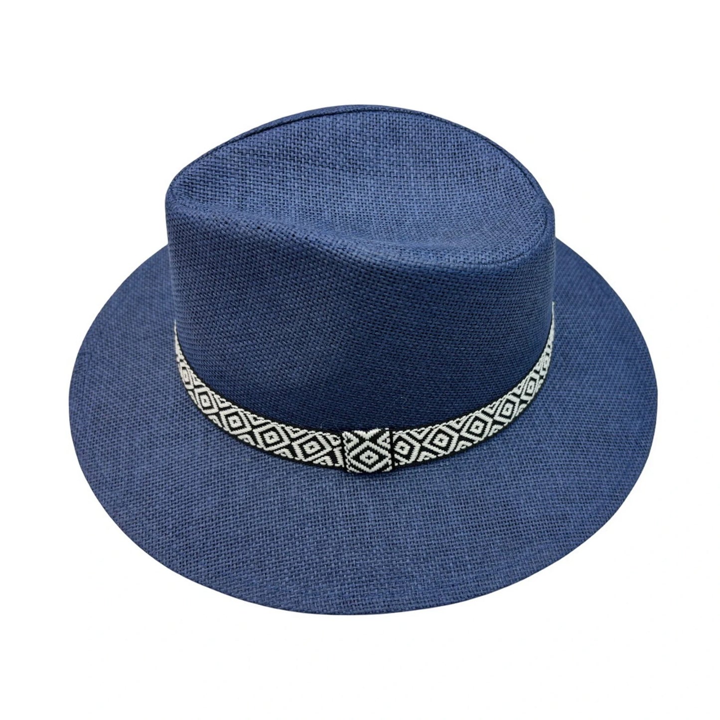 Straw Fedora Hat | Structured Crown with Curved Brim and Tribal Band – Navy Blue