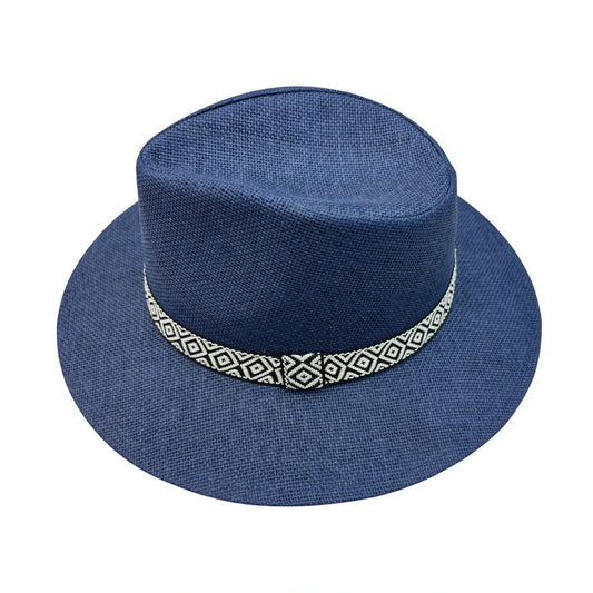 Straw Fedora Hat | Structured Crown with Curved Brim and Tribal Band – Navy Blue