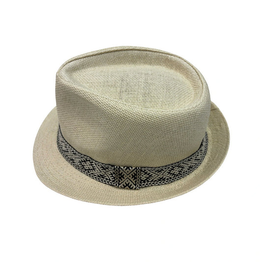 Straw Trilby Hat | Structured Teardrop Crown with Tribal Band – Natural