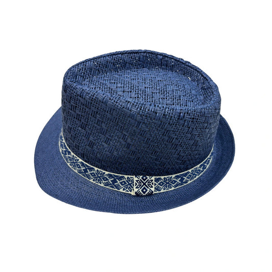 Straw Trilby Hat | Structured Crown with Tribal Geometric Band – Navy Blue