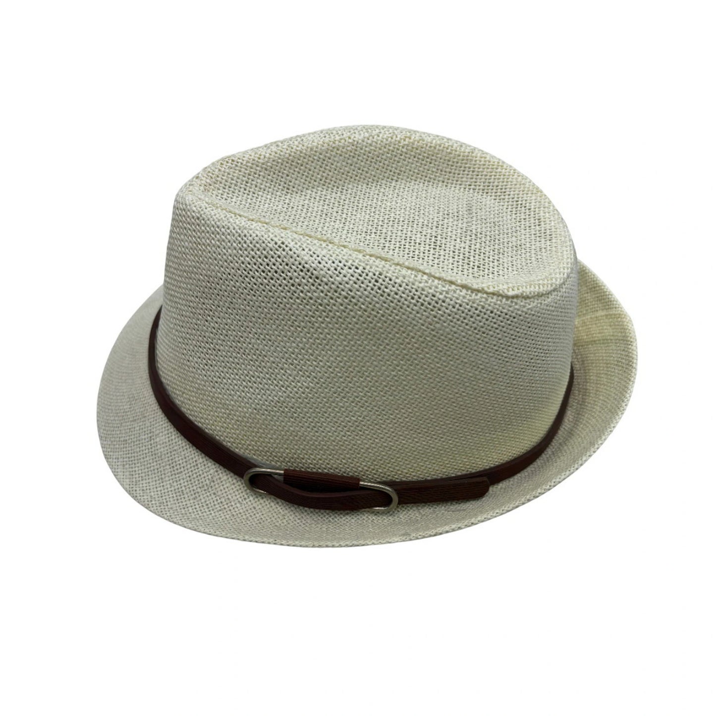 Straw Trilby Hat | Teardrop Crown with Brown Band & Metal Ring Detail – Natural