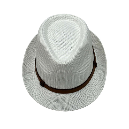 Straw Trilby Hat | Teardrop Crown with Brown Band & Knot Detail – White